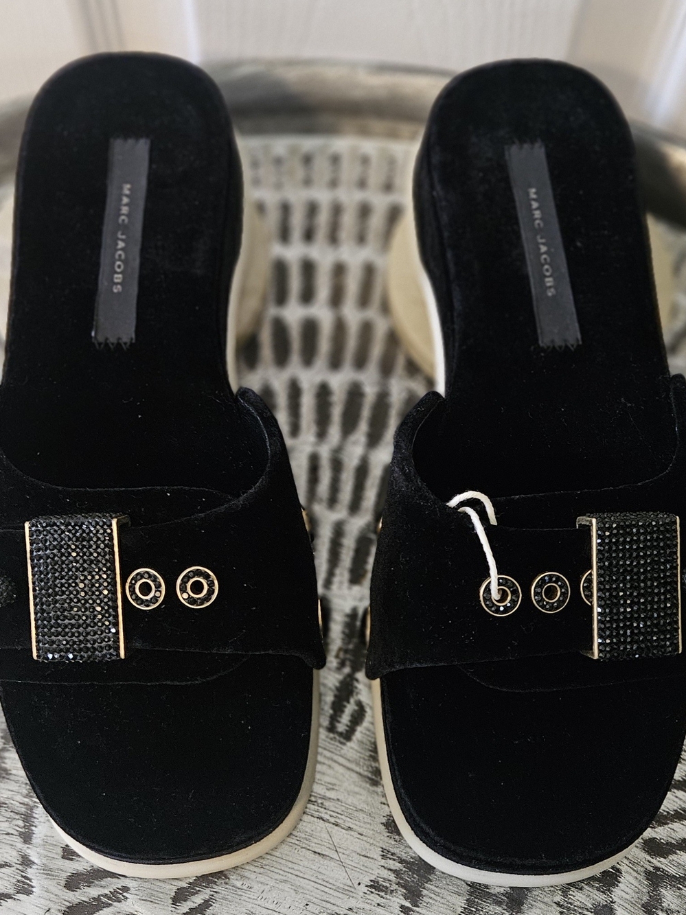 NWOT Marc Jacobs Black Velvet Crystal Embellished Slide Sandals Sz 36 US 6